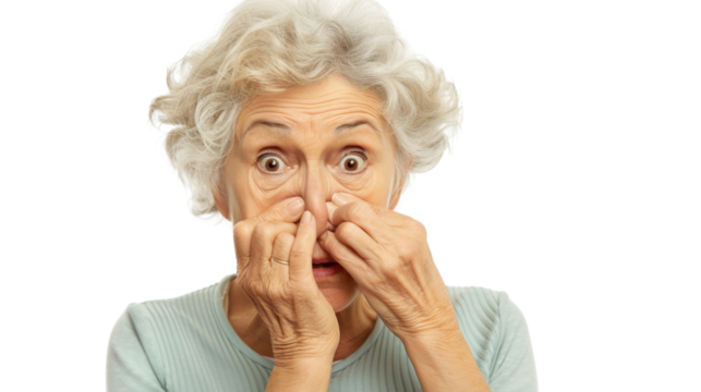 Shocked senior woman holding nose expressing disgust on transparent background