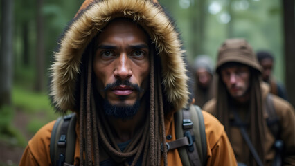 Fototapeta premium This image features a rugged individual in a fur-lined hood, set against a forest backdrop. The textures and natural light create a strong connection to the wilderness.