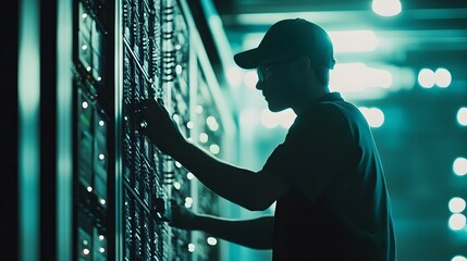 IT Technician Servicing Vital Data Infrastructure in a High Tech Server Room