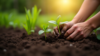 This image captures a person lovingly planting seedlings in rich soil, embodying the spirit of nurturing and growth. The warm light creates an intimate gardening atmosphere.