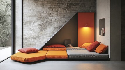 Multi-functional sofa system transforming into a cozy bedroom.