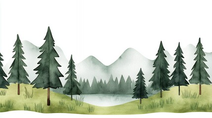 Serene Watercolor Landscape Painting of Misty Mountains and a Tranquil Lake, Evoking a Peaceful Natural Scene