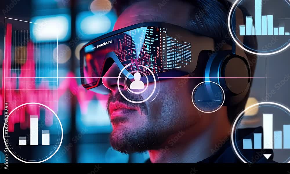 Poster VR headset user analyzing data in a futuristic environment