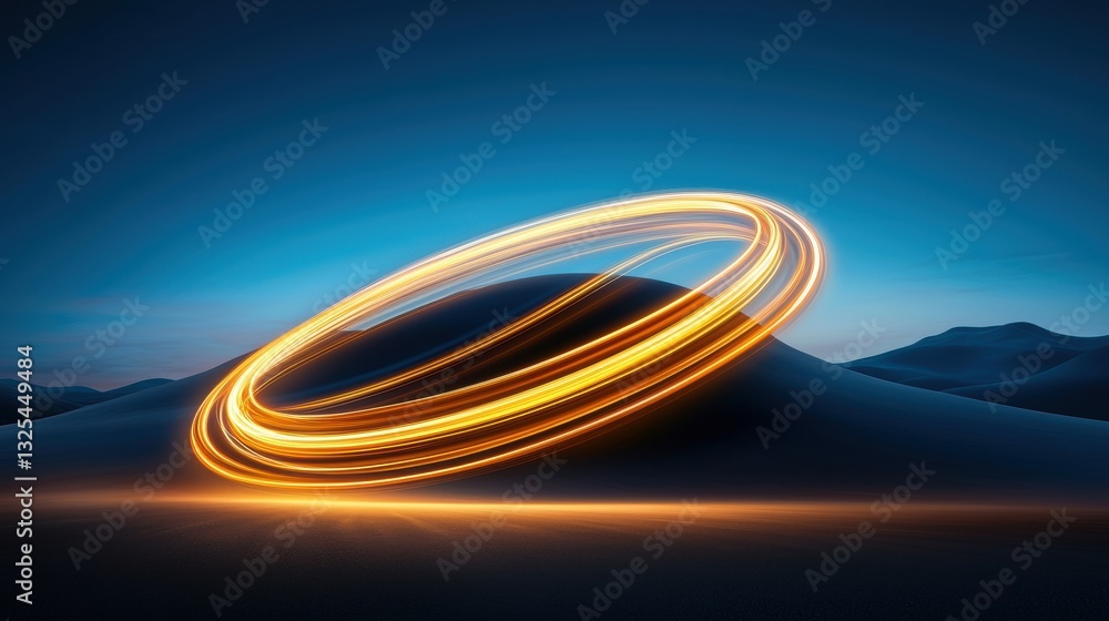 Poster a glowing circular light trails over a dark, sandy landscape under a twilight sky, creating a surrea