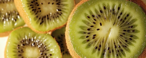 Freshly sliced kiwi fruits showcasing the green flesh and seeds