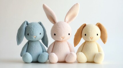 Three cute, soft toy rabbits in pastel colors sit side by side against a neutral background, showcasing their charming features.