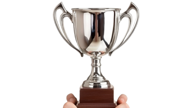 Two hands holding a shiny silver trophy with transparent background
