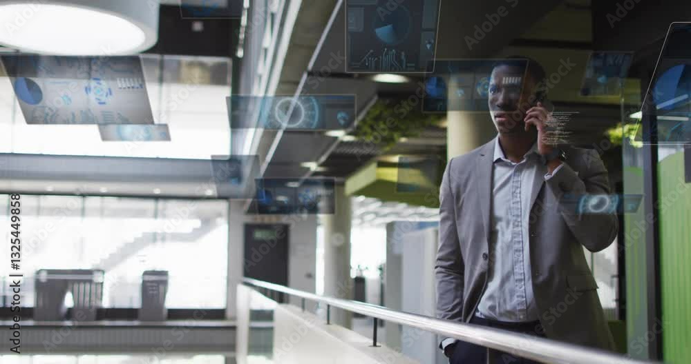 Poster businessman talking on phone with digital data animations floating around him
