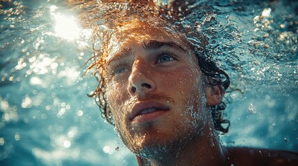 Underwater portrait of a young man with wet hair, looking upward.