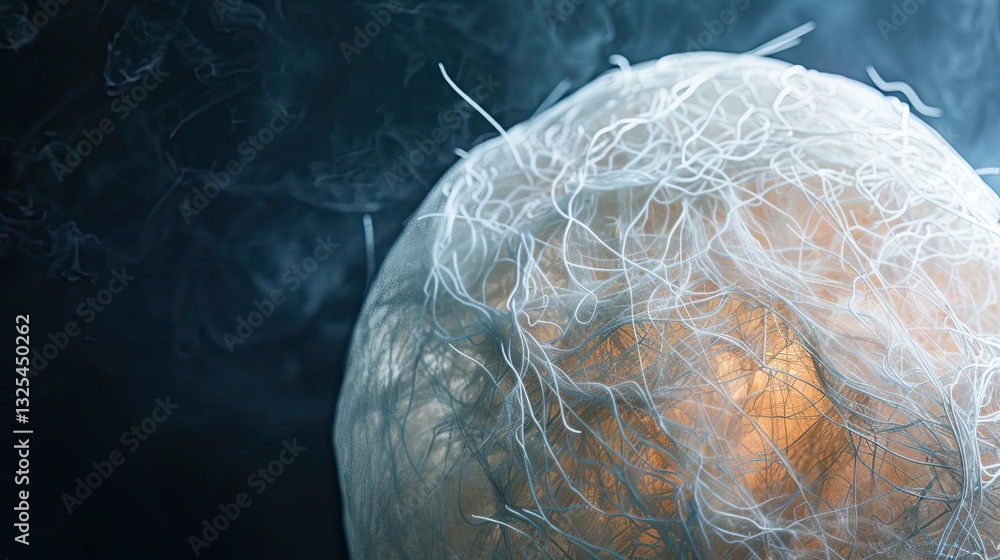 Poster abstract sphere with intricate threadlike structures and smokey background
