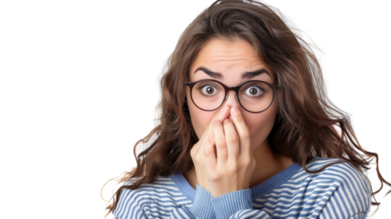 Shocked young woman covering her nose on transparent background