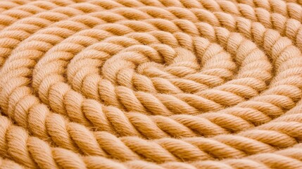 A close-up image of a coiled rope, showcasing its textured surface and spiral pattern in a warm beige color.