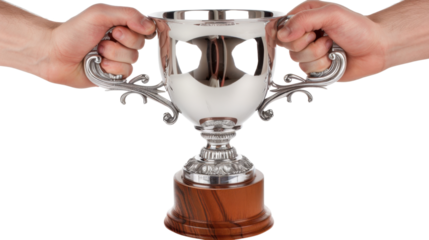 Two people holding a shiny trophy with transparent background