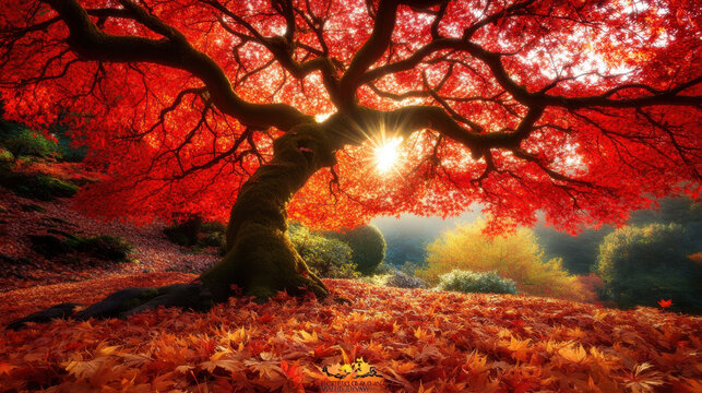 large maple tree with vibrant red leaves in full bloom, casting warm glow as sunlight filters through its branches, creating serene autumn atmosphere