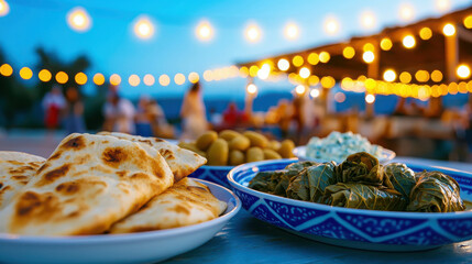 Vibrant Greek Food Festival Displaying Plates of Delicious Souvlaki and Authentic Dishes at Night
