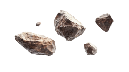 Natural rock and stone fragments on transparent background, cut out. Raw mineral pieces with detailed textures for digital compositing. Perfect for geology, design, and 3D rendering projects