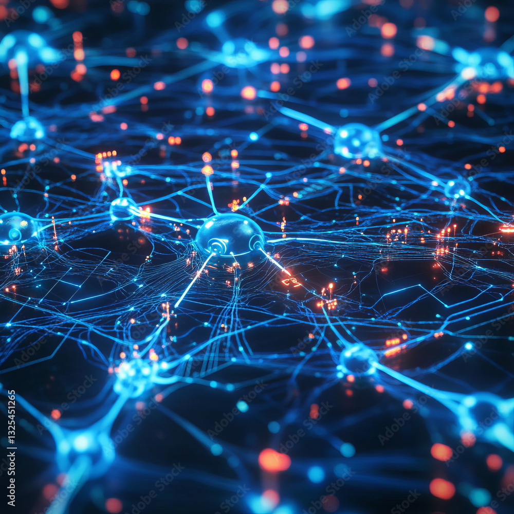 Poster glowing blue network with orange nodes, representing data flow and neural connectivity.