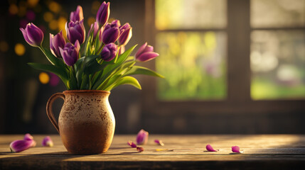 beautiful bouquet of purple tulips in rustic vase, set on wooden table, creates warm and inviting atmosphere. soft light enhances vibrant colors, making it perfect centerpiece