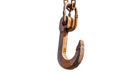 Rusty crane hook hanging from metal chain on transparent background