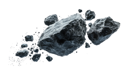 Natural rock and stone fragments on transparent background, cut out. Raw mineral pieces with detailed textures for digital compositing. Perfect for geology, design, and 3D rendering projects