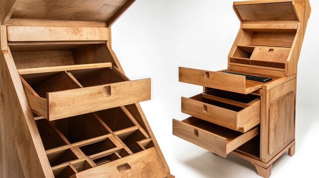 Smart wooden furniture with hidden compartments and expandability.