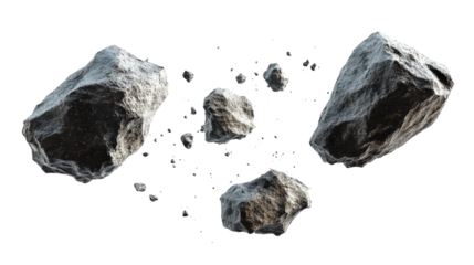 Natural rock and stone fragments on transparent background, cut out. Raw mineral pieces with detailed textures for digital compositing. Perfect for geology, design, and 3D rendering projects