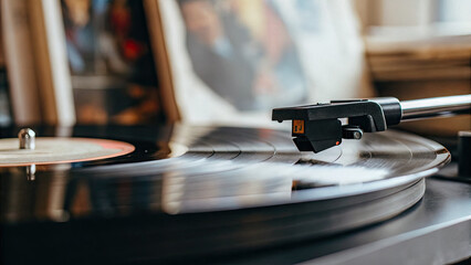 Close-up of a vinyl record spinning on a turntable, symbolizing music collection and nostalgia, with blurred album covers in the background. Music and retro concept.