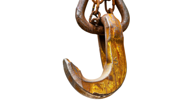 Rusty crane hook hanging on chain with transparent background