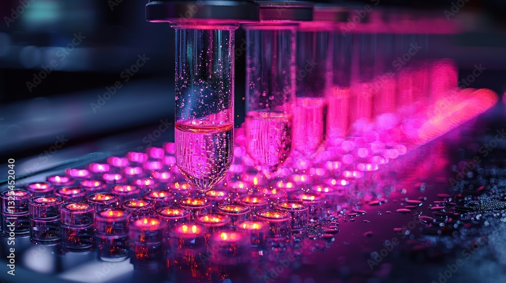 Poster automated liquid handling system with glowing pink led lights.