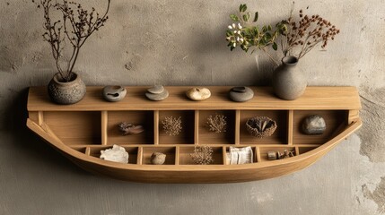Space-saving wooden shelves with detachable storage compartments.