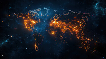 world map showcasing high tech big data network illuminated with glowing orange lines, representing global connectivity and information flow