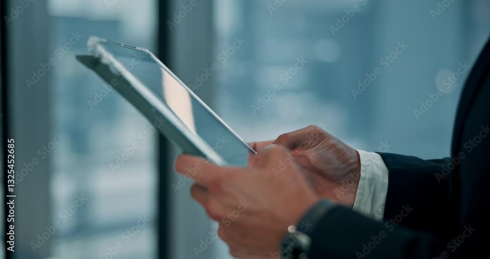 Aufkleber tablet, research and hands of businessman at window in office reading stock market development for i