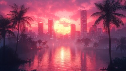 Pink sunset over futuristic city with palm trees and water reflection.