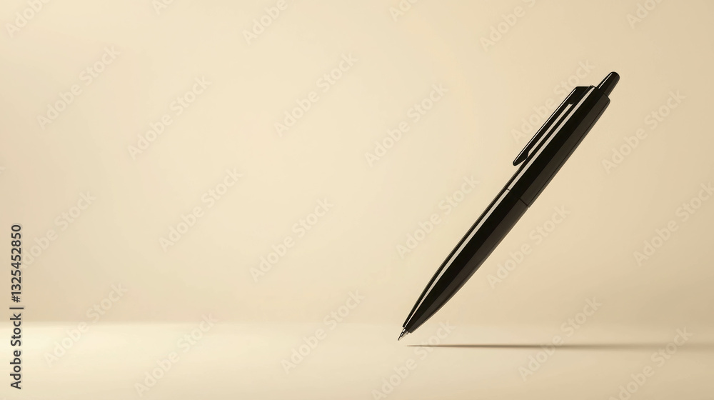 Poster floating black pen casting soft shadow on blank background in minimalist style