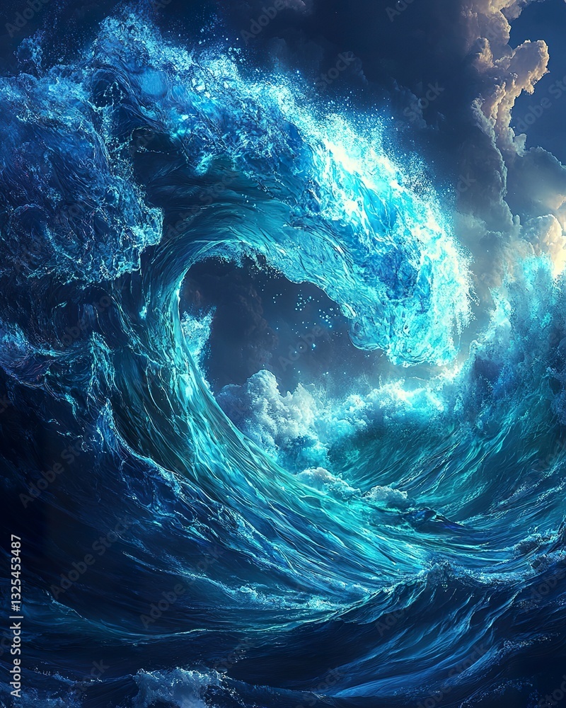 Poster a large and powerful ocean wave with cloudy atmospheric background