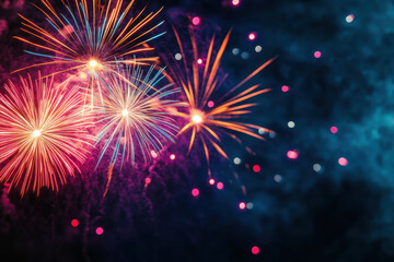 Bright colorful fireworks exploding in night sky create stunning display of light and color, illuminating dark backdrop with vibrant hues and sparkling effects