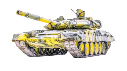 Camouflaged Military Tank with Yellow Patterns on Isolated Background