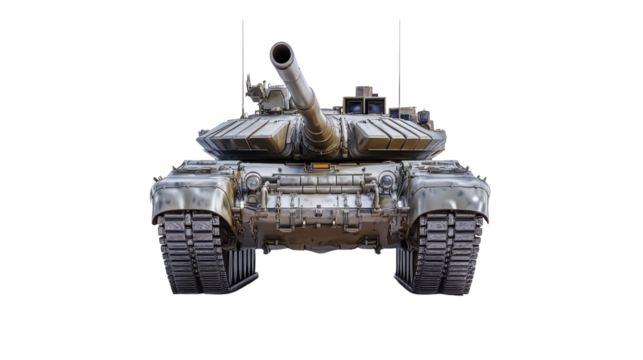 Front view of a modern military tank with detailed features and armored surface textures