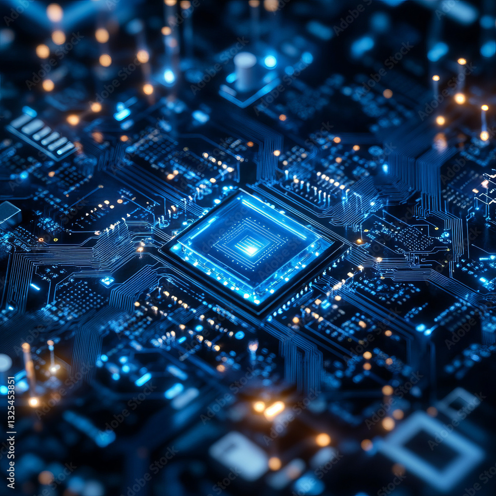 Poster close-up view of glowing blue central processing unit on a dark circuit board.