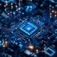 Close-up view of glowing blue central processing unit on a dark circuit board.