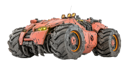 Futuristic Off-Road Vehicle with Large Wheels and Robust Design in a Pink and Gray Color Scheme