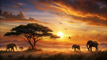 herd of elephants at sunset