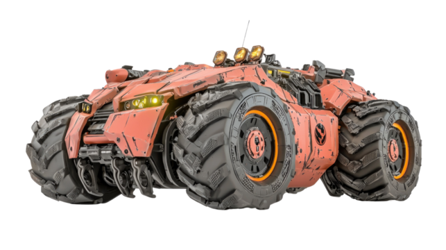 Futuristic Off-Road Vehicle with Large Wheels and Robust Design in a Pink and Gray Color Scheme