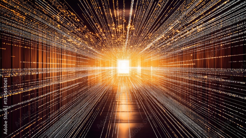 Poster a complex matrix of light beams forming a technological grid.