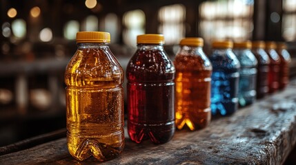 Colorful liquids in plastic bottles on wood.