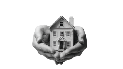 Protecting house investment: two hands holding miniature home on transparent background