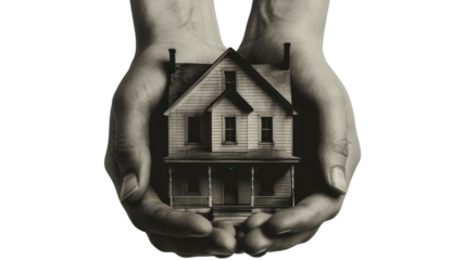 Protecting the family home: secure hands holding a miniature house with transparent background
