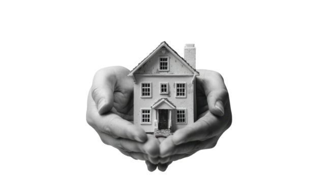 Protecting house investment: two hands holding miniature home on transparent background - Powered by Adobe