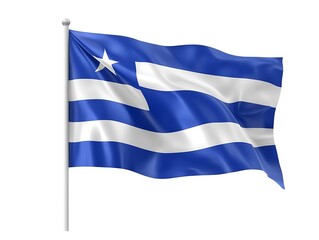 A fluttering blue and white striped flag with a star