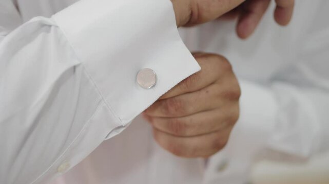 Close up of silver cufflink with engraved 'R' on white dress shirt during wedding prep